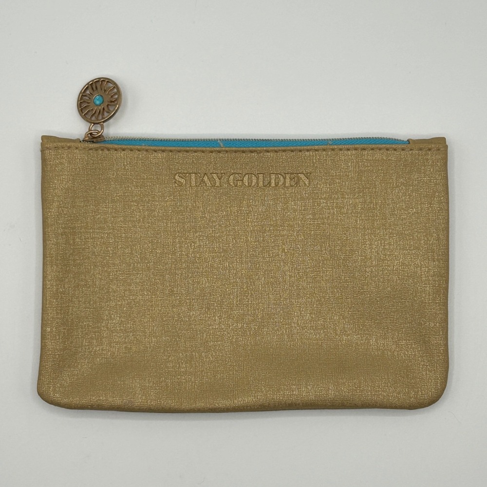 IPSY Stay Golden Cosmetic Makeup Pouch Gold Turquoise Sun Zipper Charm Travel